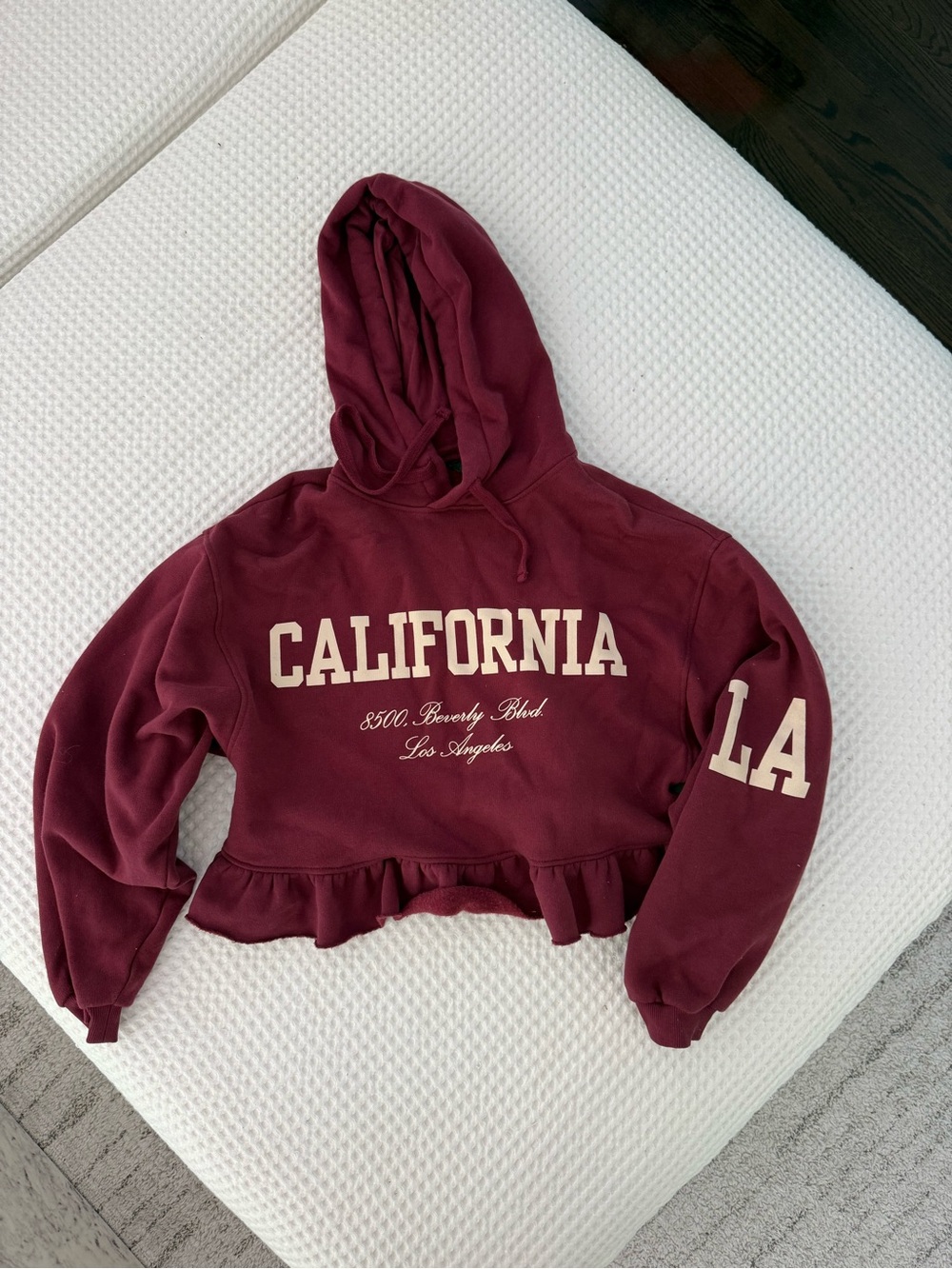 Zara Burgundy Cropped Hoodie Sweater with Ruffle Hem